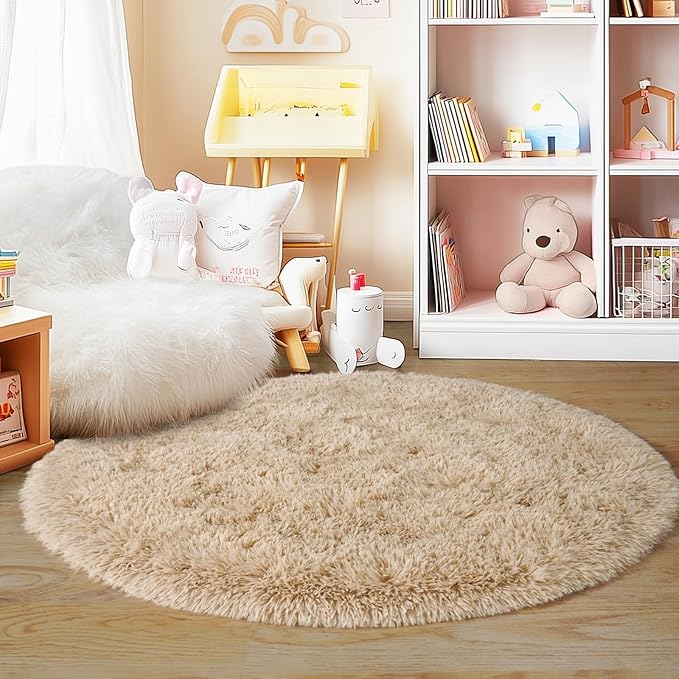 Quntue 6‘x6’ Beige Round Rug for Bedroom, Ultra Soft Fluffy Circle Rug for Kids Girls Boys Room, Cute Shag Rugs for Living Room Playroom Tent Castle Home Decor Rug