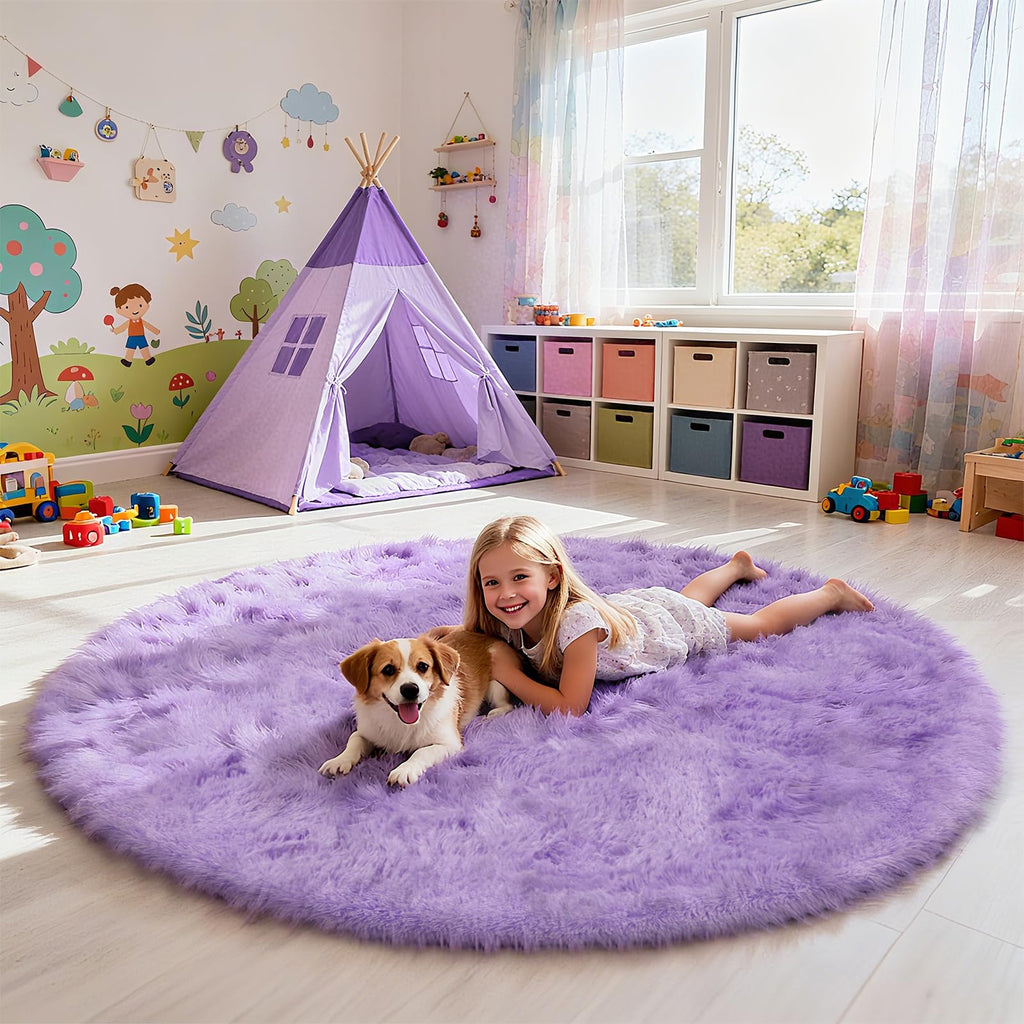 Purple Fluffy Round Area Rugs for Bedroom,3'X3'Shag Circle Small Area Rugs