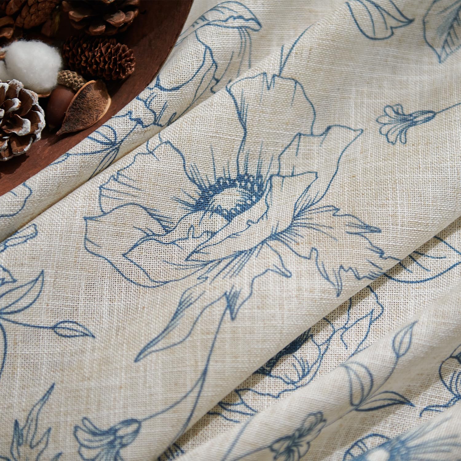 jinchan Floral Linen Curtains for Living Room 63 Inch Length Blue Flower Curtain Rod Pocket Back Tab Farmhouse Curtains with Printed Floral Bedroom Window Curtain Set, 2 Panels Blue