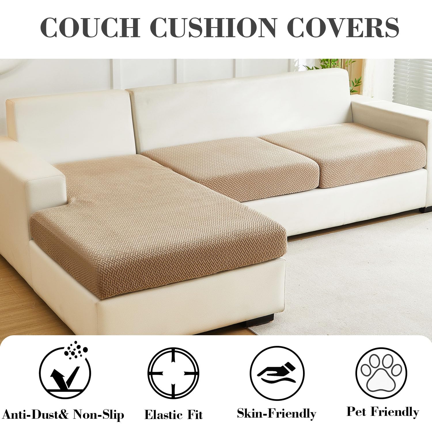 Disayu Sofa Covers Couch Covers for Sofa Pet Friendly Couch Cushion Covers Universal Sofa Covers Washable Stretch Slipcovers for Sectional Sofa (Texture Light Coffee, 2 Seats + Chaise Cover)
