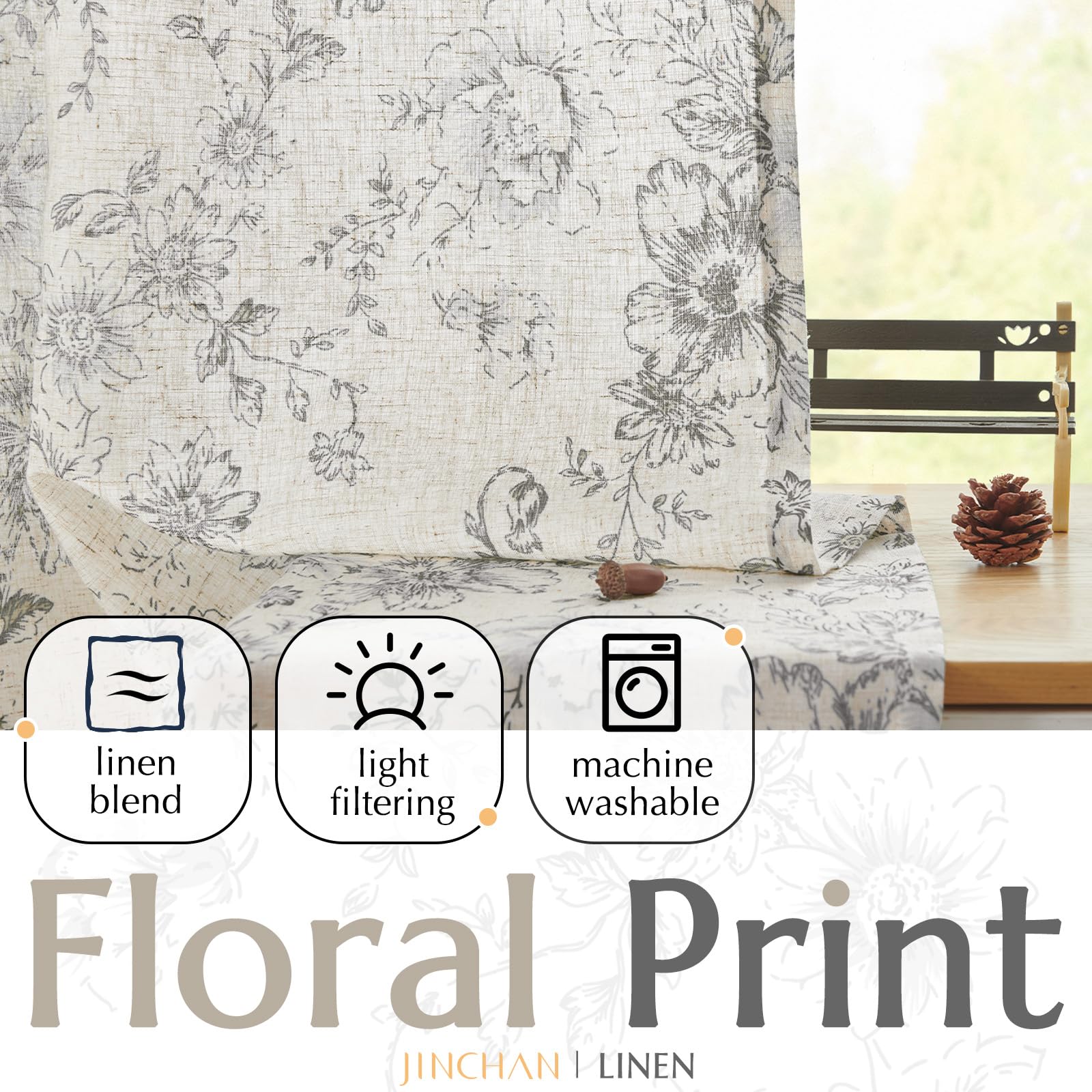 jinchan Vintage Floral Linen Curtains 54 Long for Living Room 2 Panels