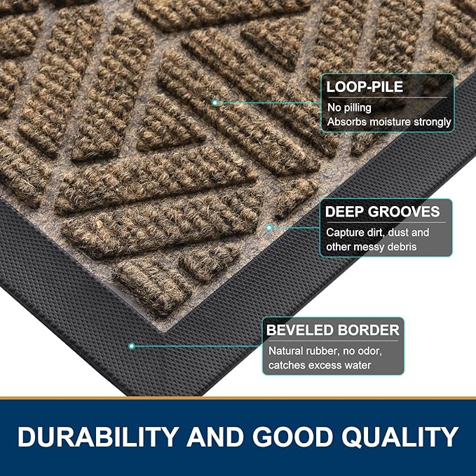 Smiry Front Door Mat Outside Entrance, Heavy Duty Sturdy Natural Rubber Doormat, Trap Dirt and Moisture, Easy Clean Low Profile Mats for Indoor Outdoor Entry, Grid Geometric (35x23, Brown)