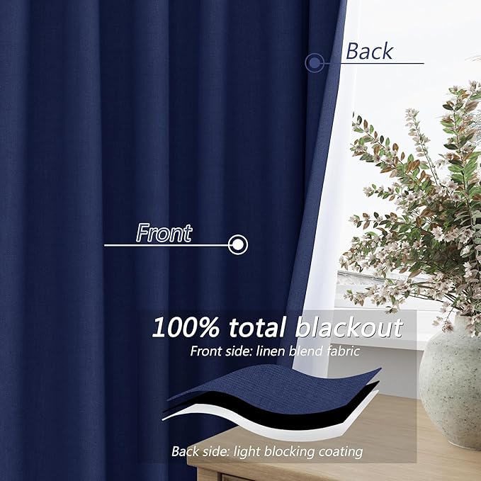 Guken 100% Blackout Curtains 120 Inch Length 2 Panels Set for Living Room Bedroom Back Tab Thermal Insulated Black Out Linen Drapes Room Darkening Window Curtains Classic Blue 52x120