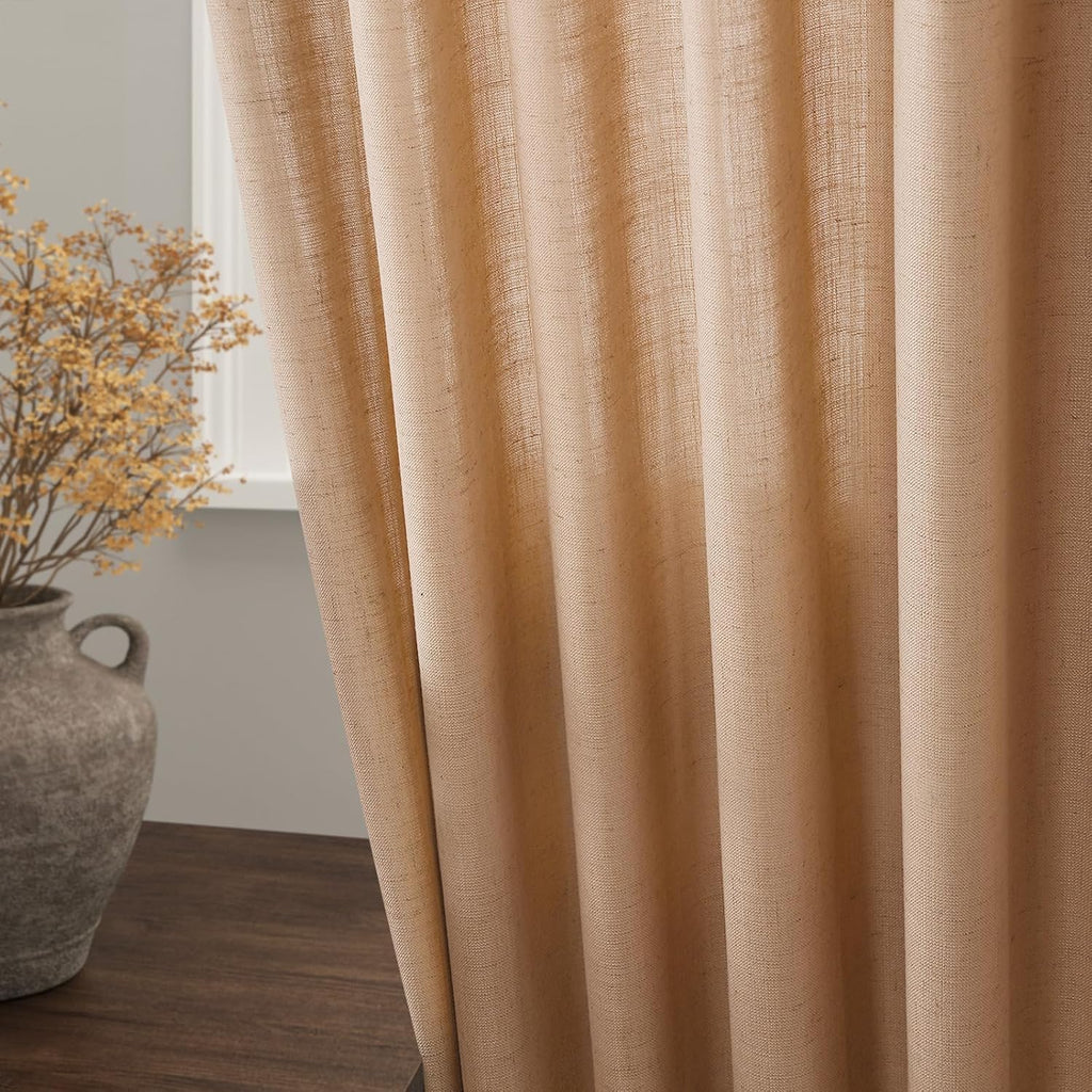 Nanspring Camel Linen Curtains for Living Room 92 Inches Long Back Tab and Rod Pocket Light Filtering Semi Sheer Vintage Rustic Curtain Luxury Boho Decor Drapes for Bedroom Office 52x92, 2 Panels
