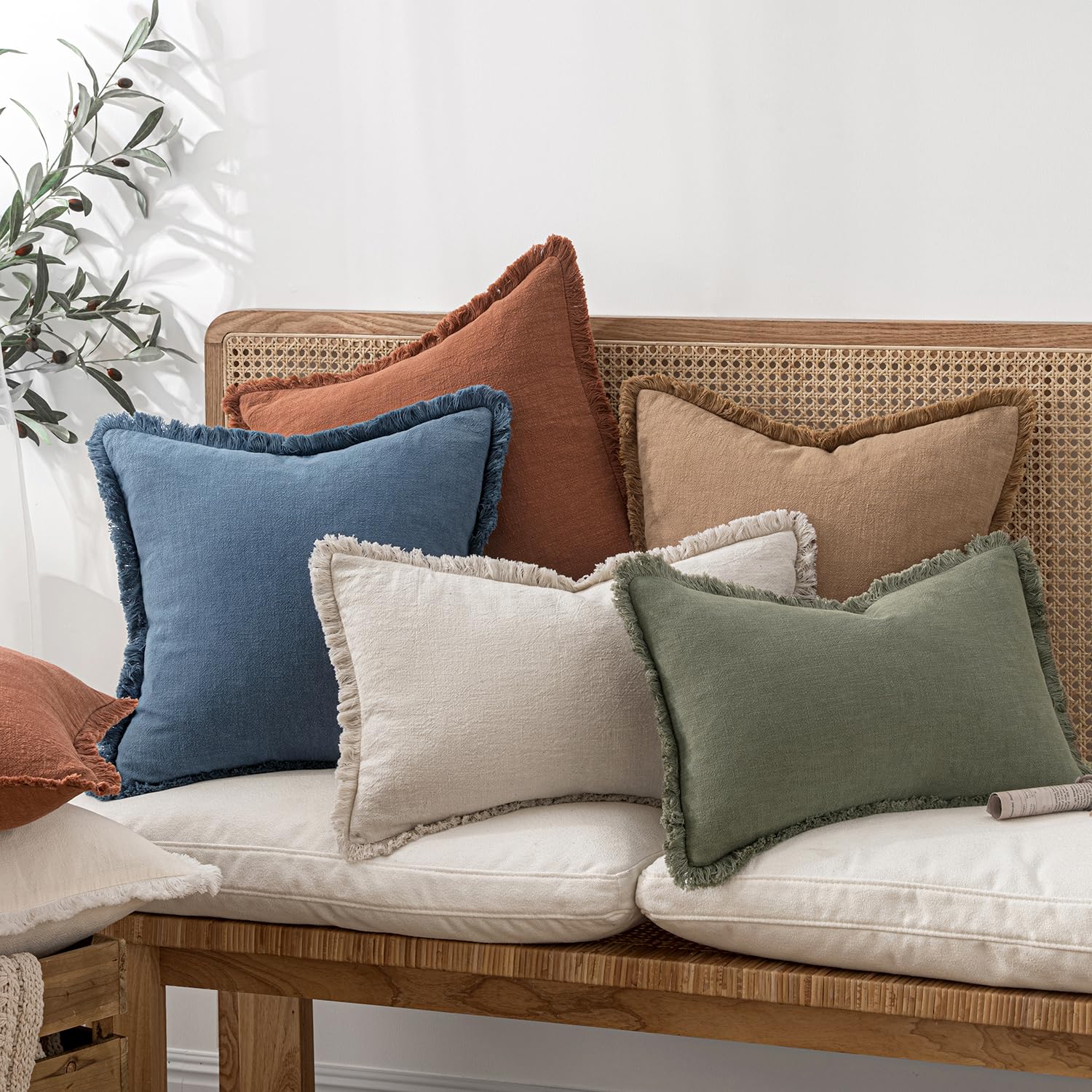 MIULEE Linen Fringe Decorative Euro Throw Pillow Covers Blue Ashes 22x22