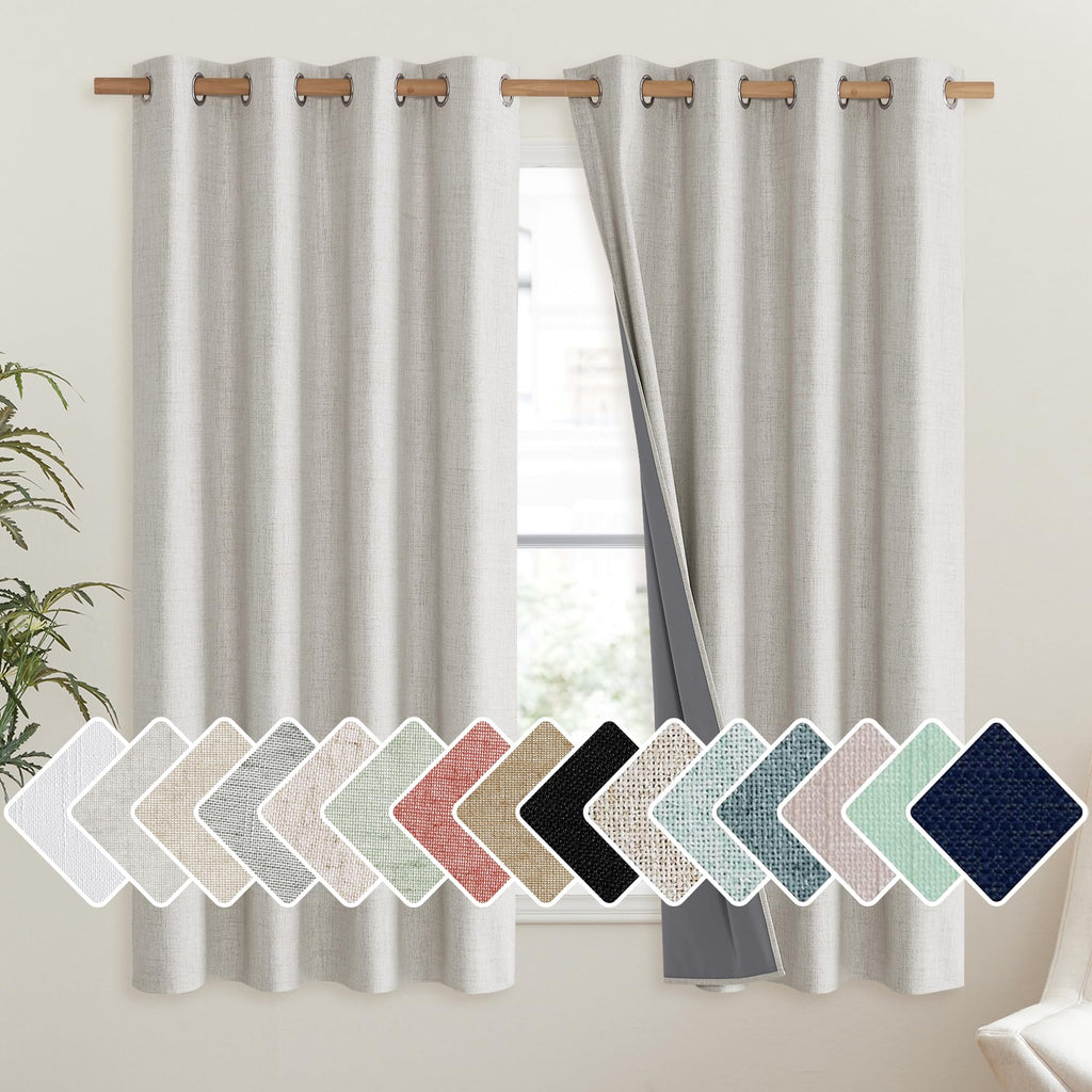 NICETOWN Snowbound Vintage Linen 100% Blackout Curtains for Living Room, Thermal Insulated Curtains 48" Long, Noise Reducing Window Treatment Drapes for Hall Room, 52" Wide Per Panel, Set of 2