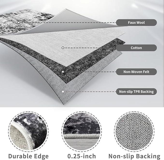 4x12 Runner Rug for Wide Hallway: Long Washable Runners for Entryway Living Room Dining Room - Stain and Water Resistant Rugs with Non-Slip Backing - Soft Low-Pile Carpet Black Grey