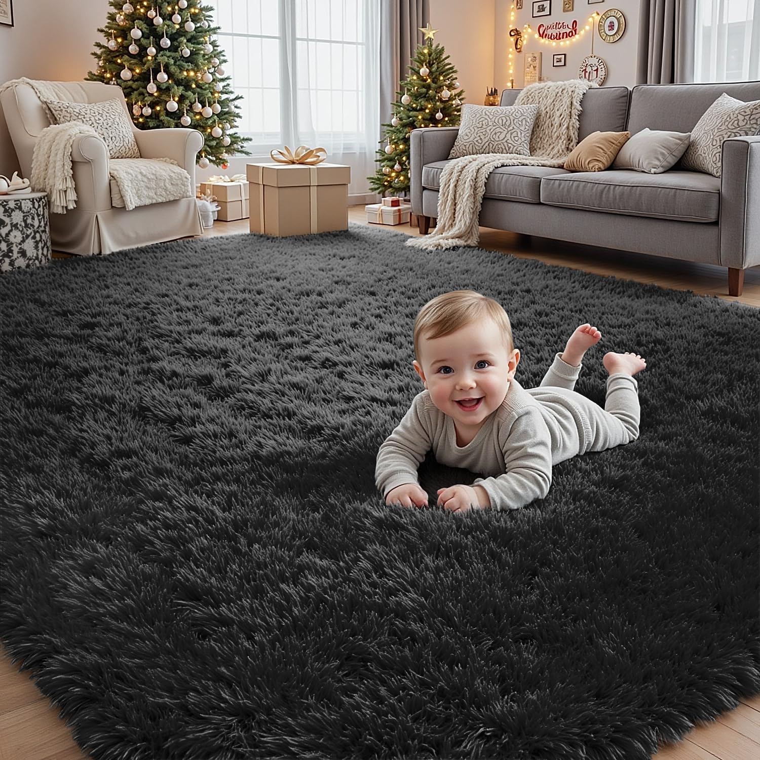 4x6 Fluffy Shag Area Rugs for Living Room Bedroom: Soft Plush Carpet Black