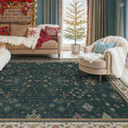 Hazo Haus Vintage Dark Green 6x9 Dining Room Rugs for Under Kitchen Table - Washable Livinig Room Rug - Unique Floral Pastel Low Pile Non-Slip Large Area Rugs for Bedroom
