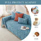 HANDONTIME Turquoise Couch Protector for Dogs Boho Tassel Blue Couch Cover Farmhouse Sofa Covers Aztec Tribal Couch Covers for 3 Cushion Couch Sofa Universal Sofa Slipcover for Home décor, 71" X118"