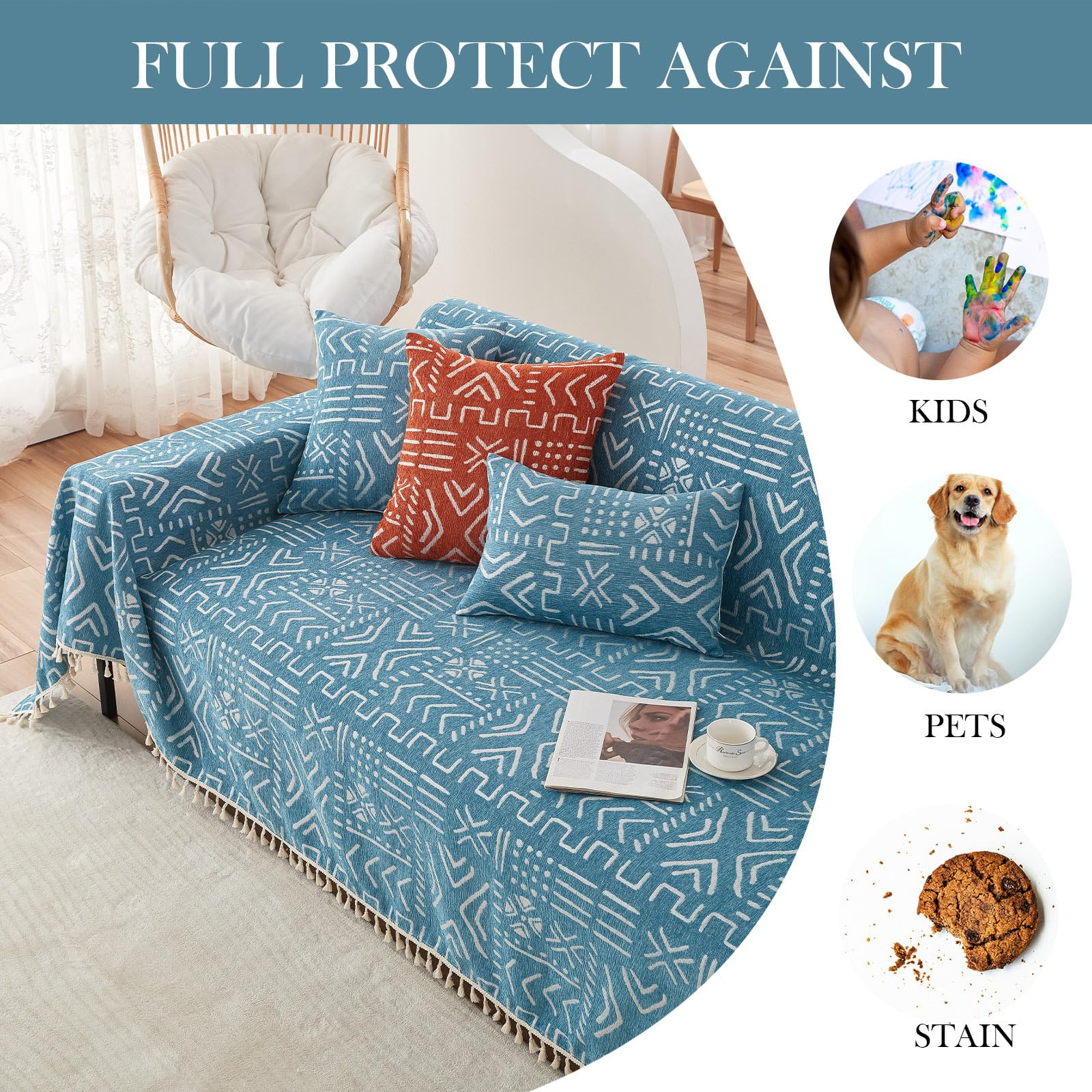 HANDONTIME Turquoise Couch Protector for Dogs Boho Tassel Blue Couch Cover Farmhouse Sofa Covers Aztec Tribal Couch Covers for 3 Cushion Couch Sofa Universal Sofa Slipcover for Home décor, 71" X118"