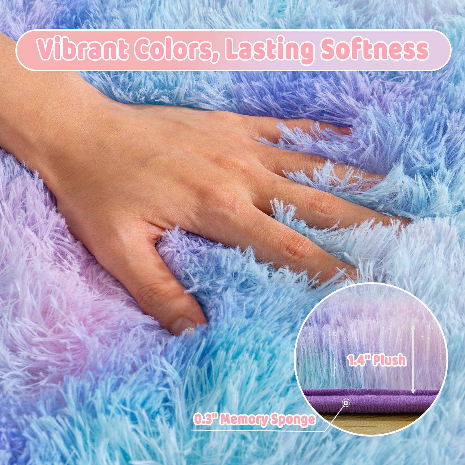 Ailyei Soft Runner Rugs for Bedroom Hallways, 2x4 Purple Rainbow Fluffy Shag Throw Area Rug Non Slip for Bedside Dorm, Long Shaggy Furry Carpet for Nursery Living Room