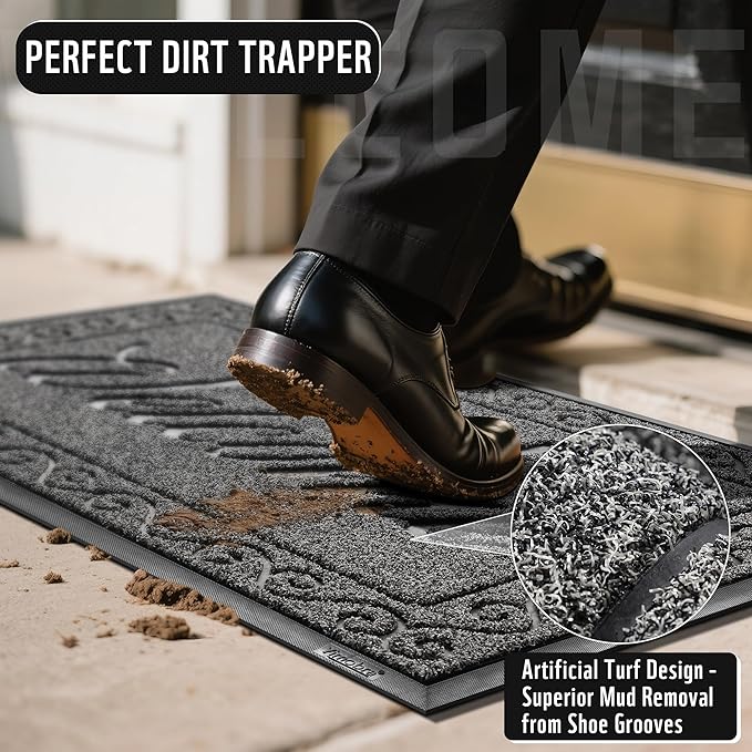 Yimobra Welcome Mat, Heavy Duty Sturdy Door Mats for Home Entrance Outdoor Indoor, Front Doormat for Outside Patio Floor Entry Porch Garage Office, Waterproof, Low Profile, 47 x 24, Black Grey
