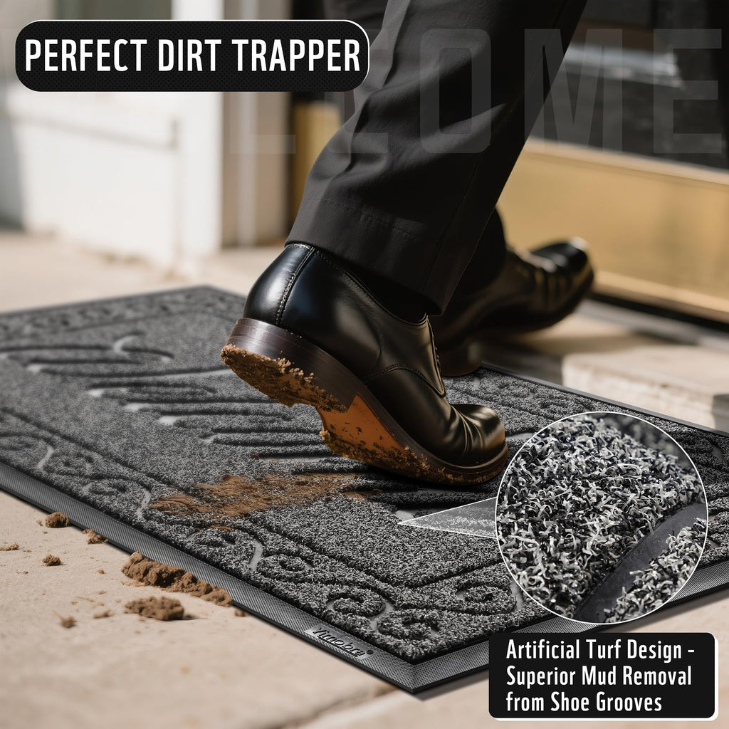 Yimobra Welcome Mat, Heavy Duty Sturdy Door Mats for Home Entrance Outdoor Indoor, Front Doormat for Outside Patio Floor Entry Porch Garage Office, Waterproof, Low Profile, 60 x 36, Black Grey