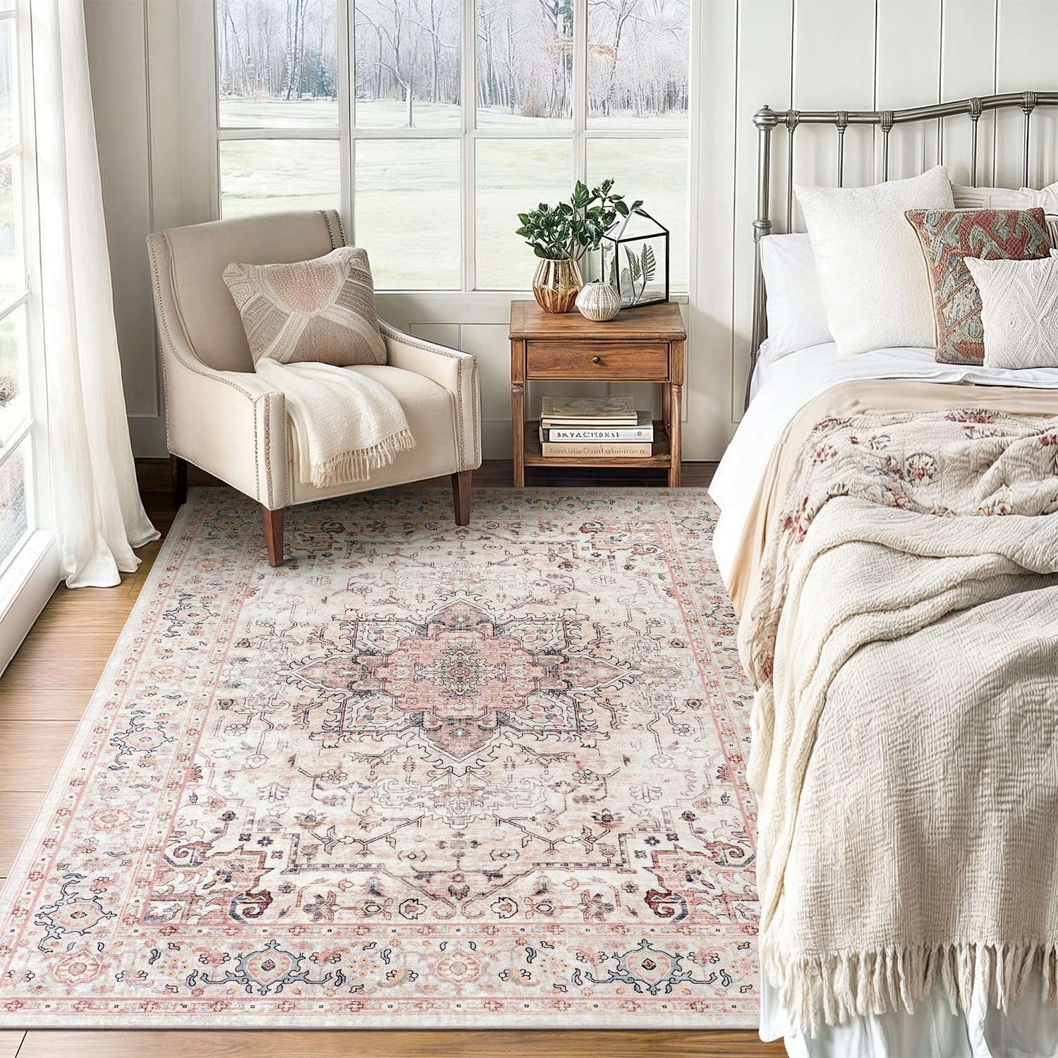 Lofus 3x5 Pink Area Rugs for Bedroom Living Room, Vintage Boho Carpet