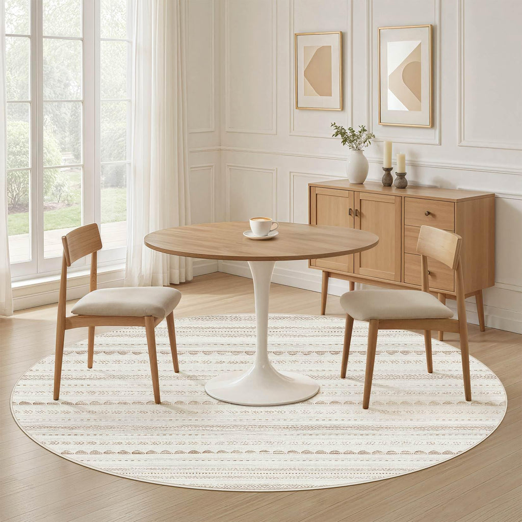 Nakagishi Round Rug Boho Area Rugs: 4x4 Washable Large Circle Neutral Soft Stain Resistant Non-Slip Carpet for Women Aged 25-45 Farmhouse Decor Enthusiasts - Living Room Bedroom Dining Room Nursery