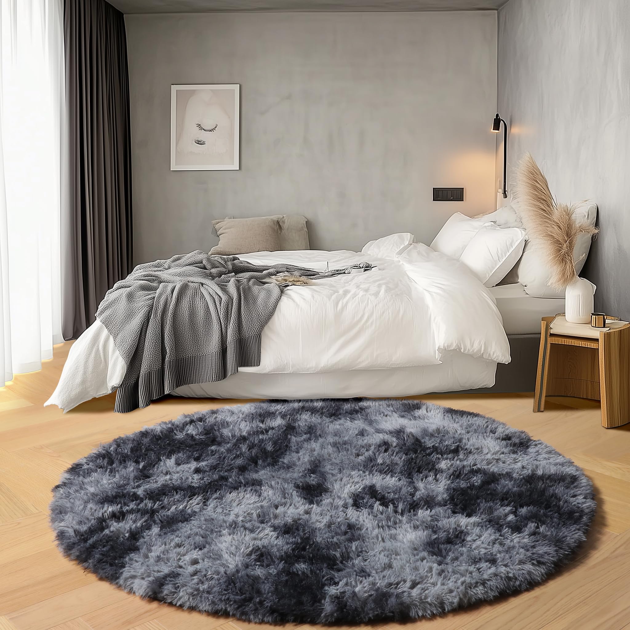 ONASAR Tie-Dyed Dark Grey Round Area Rug 4ft, Ultra Soft Bedroom Circle Rugs for Kids Girls Boys Teen, Fluffy Plush Shaggy Carpet Floor Mats for Nursery Dorm Living Room Office Home Decor