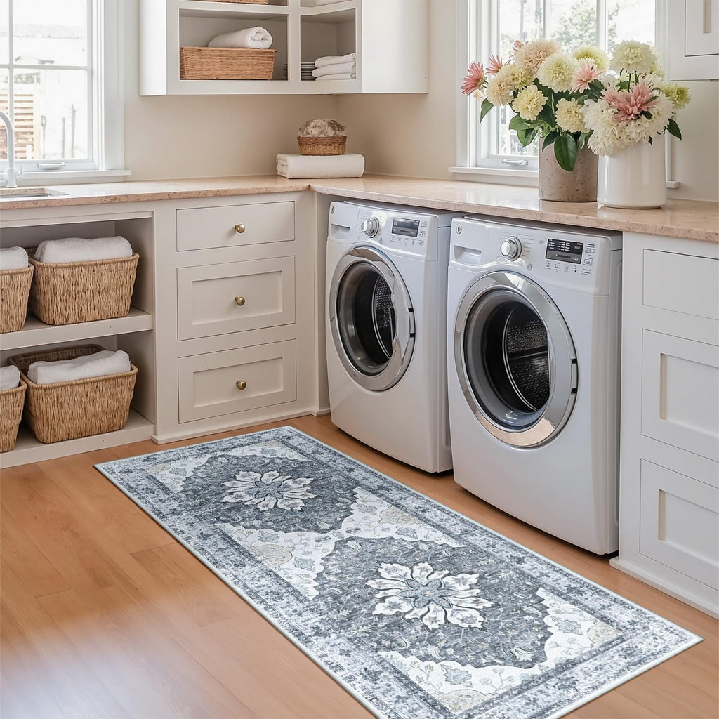 RELEANY Washable Area Rug, Runner 2'x5', Grey/White/Beige