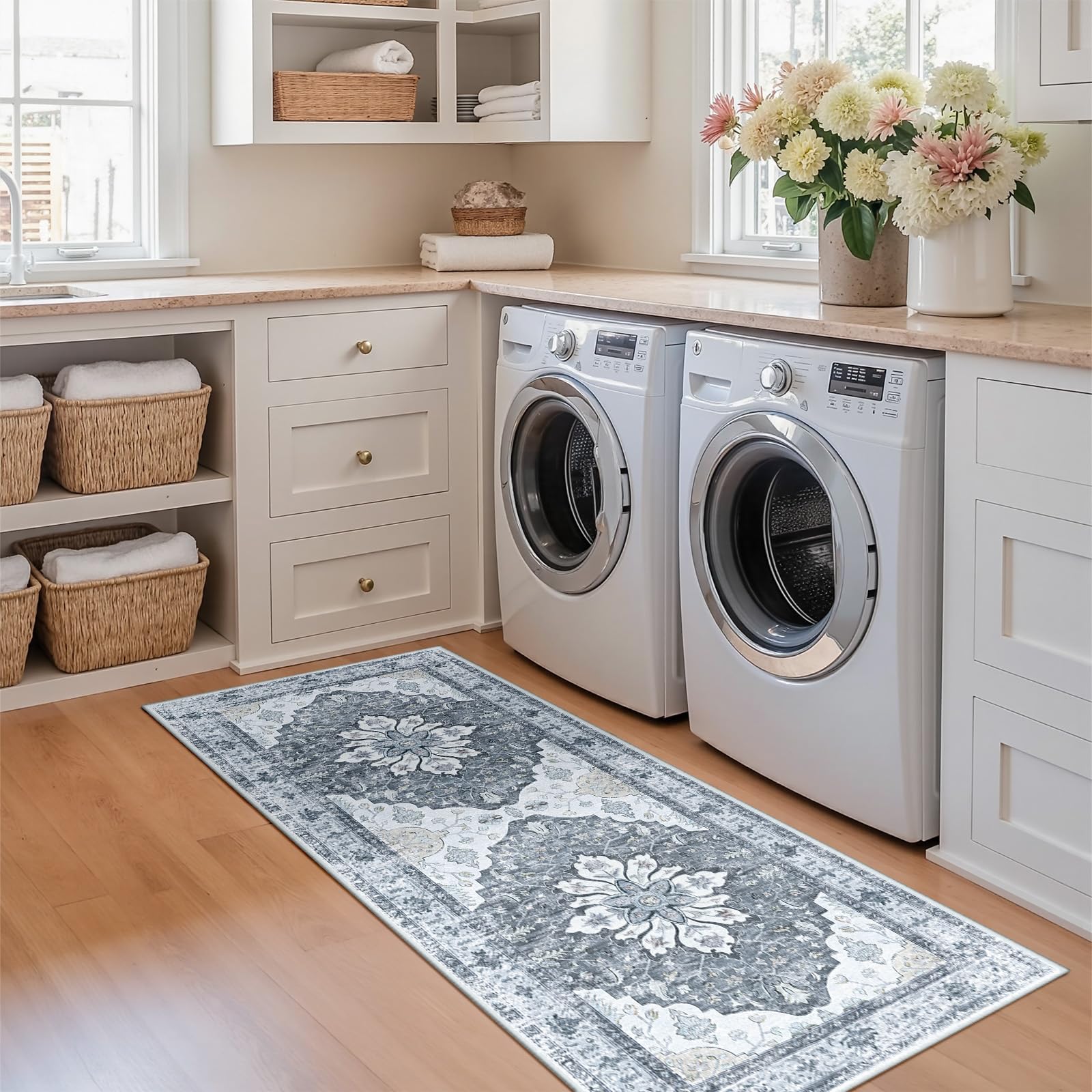 RELEANY Washable Area Rug, Runner 2'x5', Grey/White/Beige