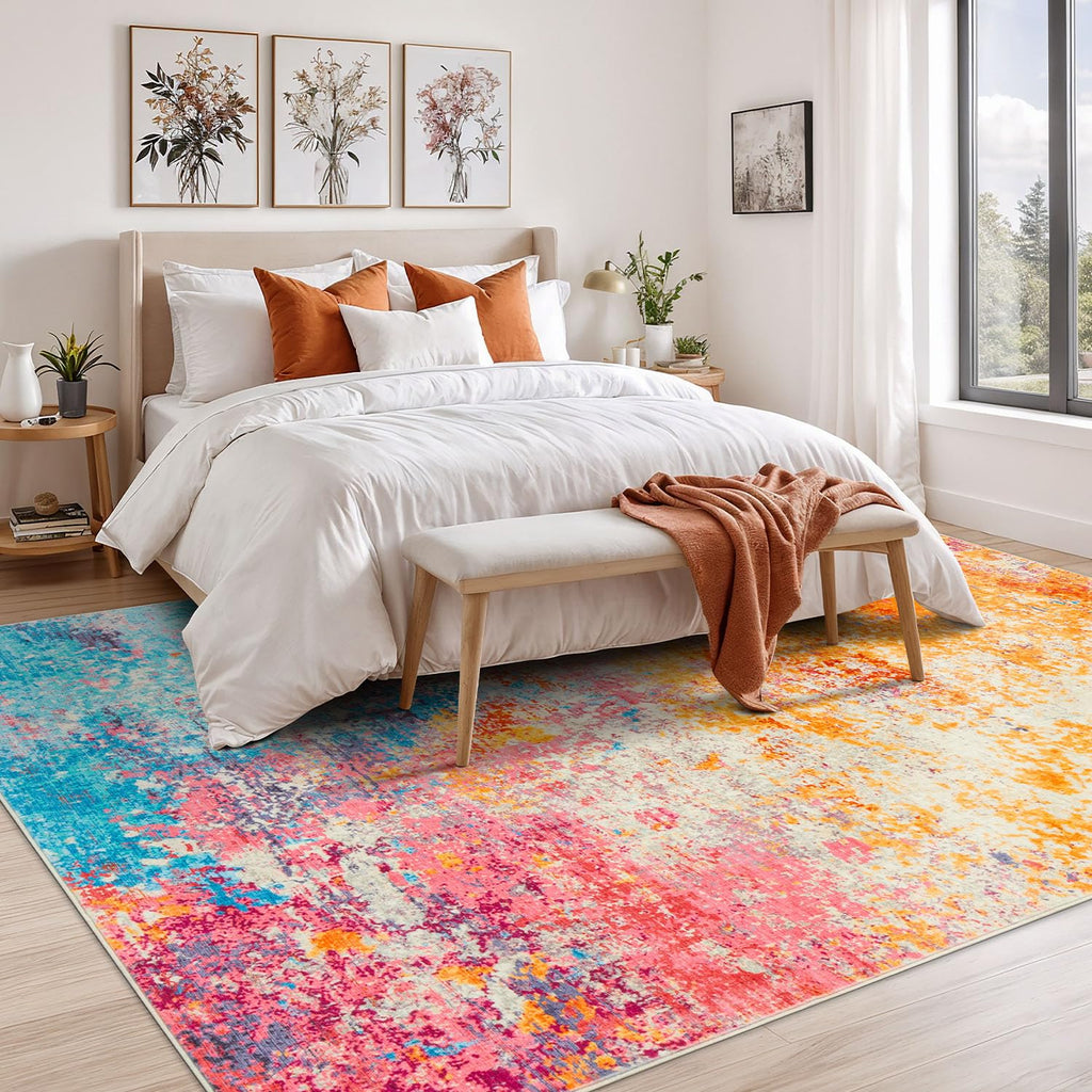 Rugflix 9x12 Area Rugs for Living Room, Washable Colorful Rainbow Large Rug