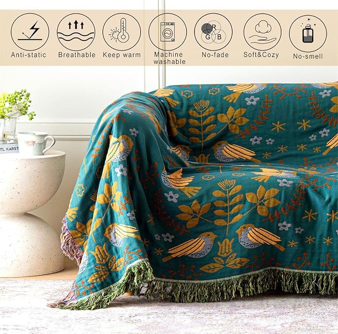 MSGKV Boho Throw Blanket 60"x80" 100% Cotton Bird Quilt for Bed & Couch