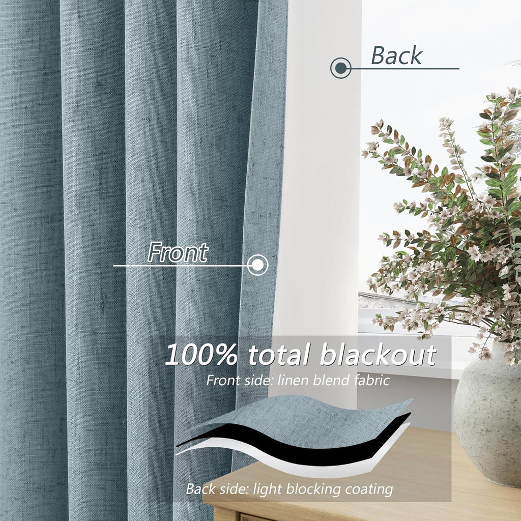 Guken Blue 100% Blackout Curtains 92 Inch Length 2 Panels Set for Living Room Bedroom Back Tab Thermal Insulated Black Out Linen Drapes Room Darkening Window Curtains 92 Inches Long Dusty Blue