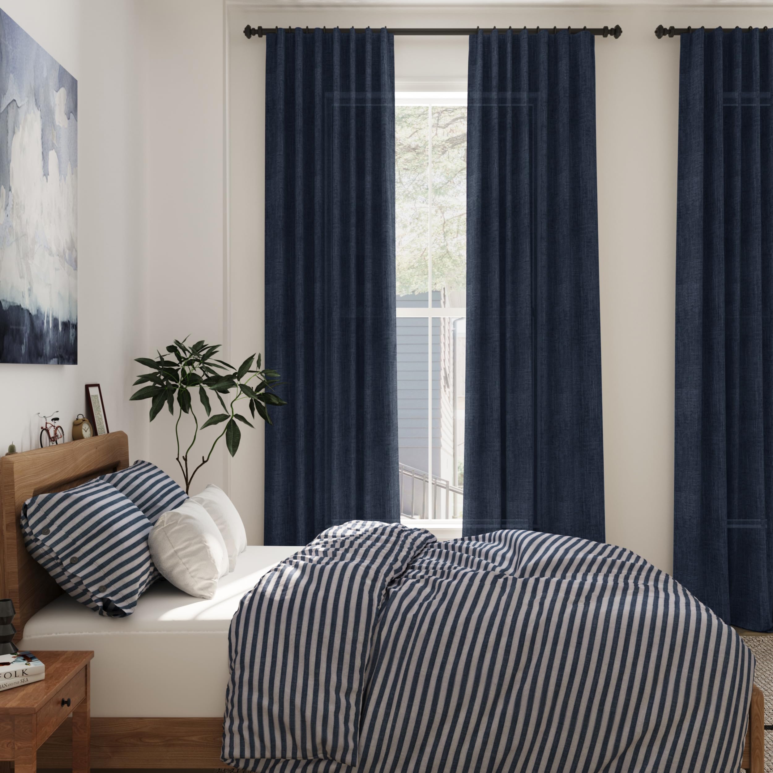 Navy Blue Linen Sheer Curtains 108 Inches Long Back Tab Rod Pocket 2 Panels Semi Sheer Extra Long Curtains Light Filtering Modern Boho Drapes for Living Room Luxury Floor Length Curtain 9Ft 40x108