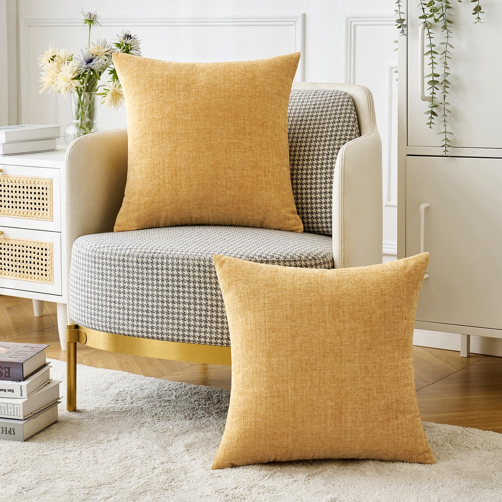 MIULEE Soft Chenille Throw Pillow Covers Gold 18x18 Inch Pack of 2