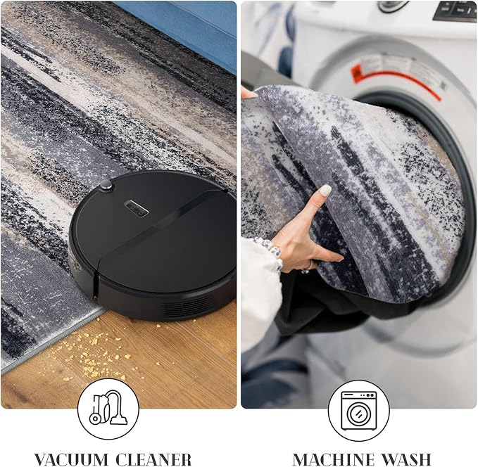 Lansny Modern Abstract Runner Rug 2.6x18, Grey Black Multi Washable Long Kitchen Runner Non-Slip Soft Hallway Rug Runner Thin Print Faux Wool Carpet for Entryway Bedroom Laundry Room Indoor Home Decor