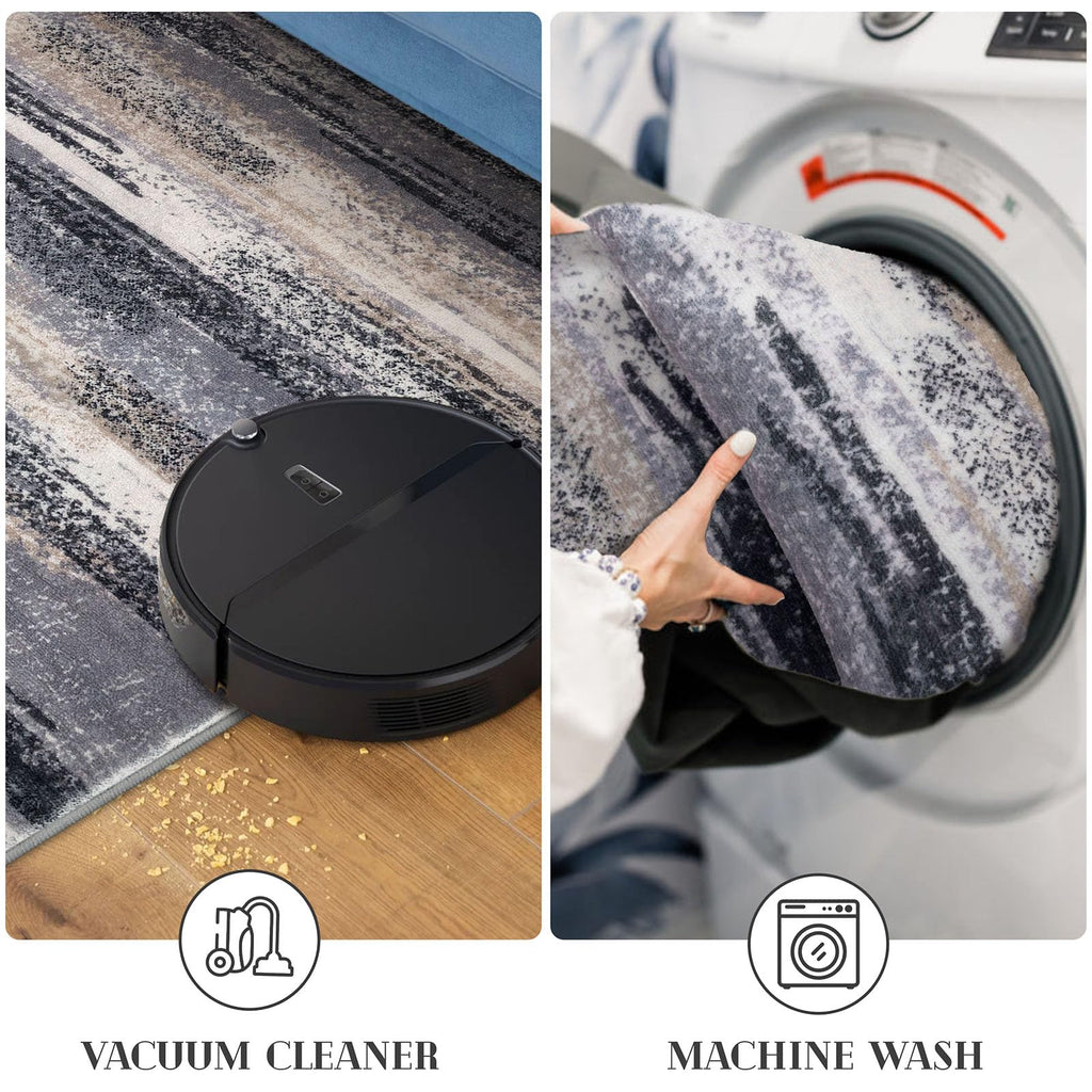 Lansny Modern Abstract Runner Rug 2.6x14, Grey Black Multi Washable Long Kitchen Runner Non-Slip Soft Hallway Rug Runner Thin Print Faux Wool Carpet for Entryway Bedroom Laundry Room Indoor HomeDecor