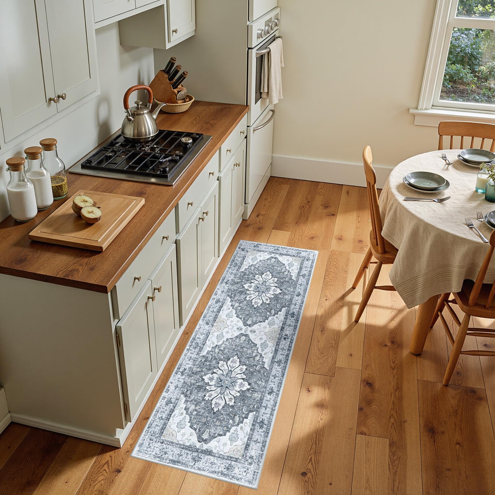 RELEANY Washable Area Rug, Runner 2'x5', Grey/White/Beige