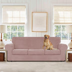 WEERRW 4 Pieces Velvet High Stretch Couch Covers for 3 Cushion Couch Sofa Slipcovers, Washable Furniture Protector with Non Slip Elastic Bottom, Feature Soft and Thick Plush Fabric, Pink, Large