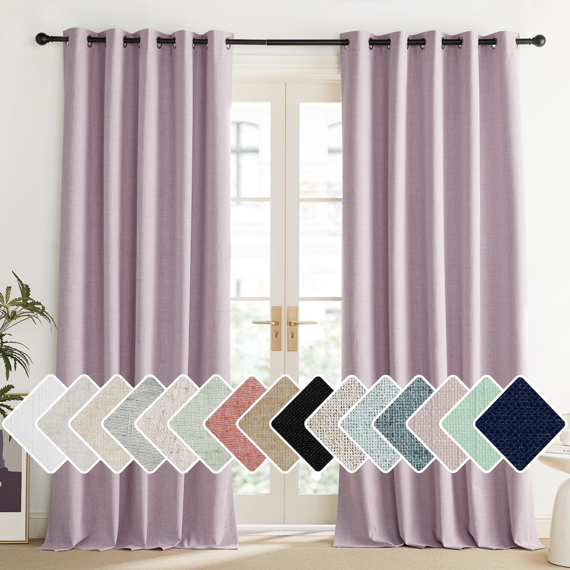 NICETOWN Pink Vintage Linen 100% Blackout Curtains for Living Room, Thermal Insulated Curtains 108“ Long, Noise Reducing Window Treatment Drapes for Home Office, 62" Wide Per Panel, Set of 2