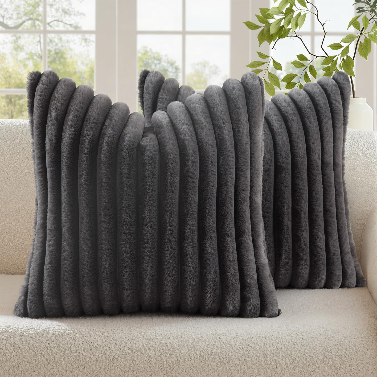decorUhome Fall Faux Fur Throw Pillow Covers 16x16 Set of 2 Dark Grey