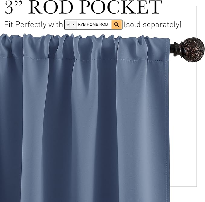 RYB HOME Short Blackout Curtains for Bedroom, Room Darkening Insulated Summer Heat Light UV Blocking Energy Saving Drapes for Nursery, Width 34 by Length 45, Stone Blue, Set of 2