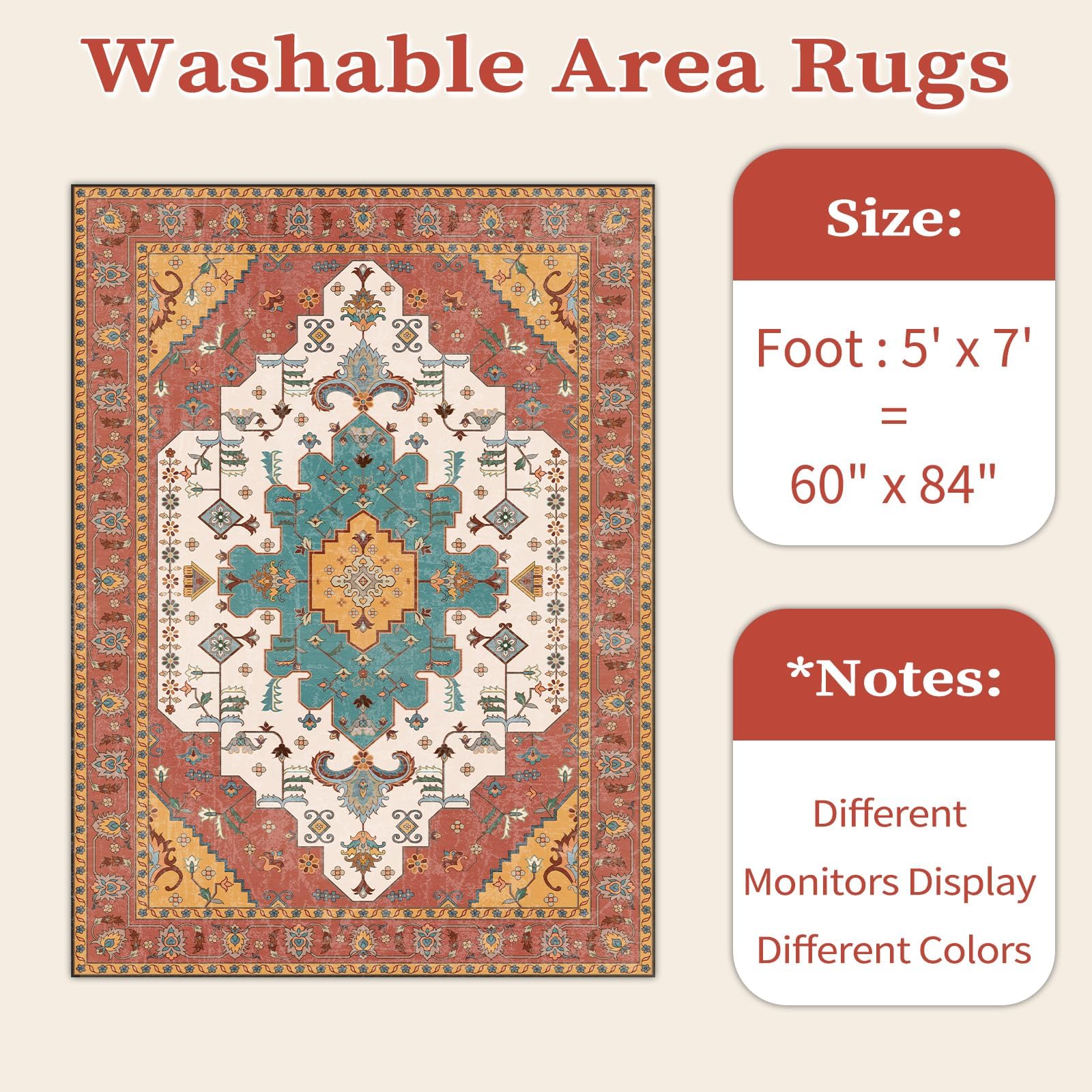 SERISSA 5x7 Washable Non Slip Boho Area Rug for Living Room，Orange
