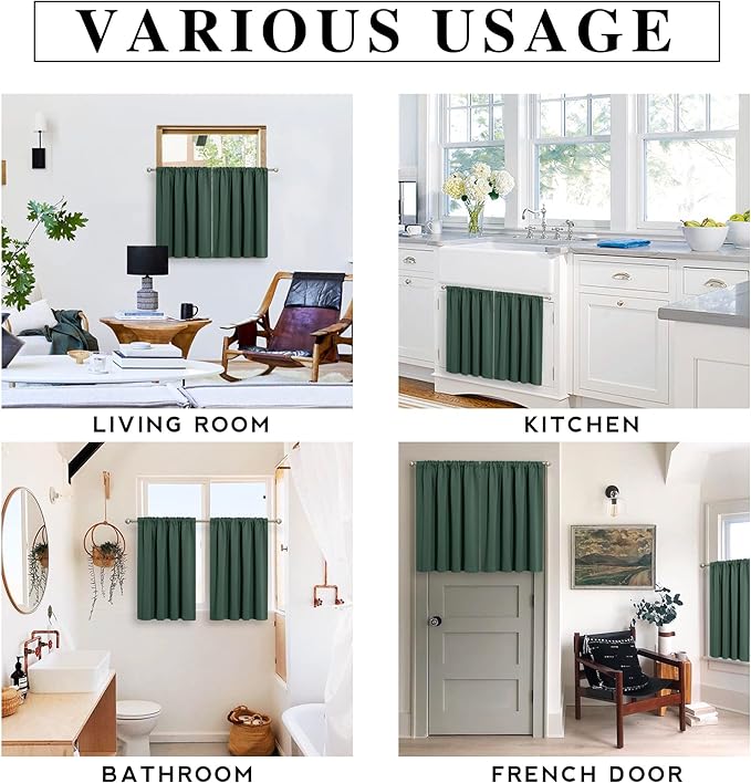 RYB HOME Blackout Cafe Curtains 30 inch Length, Short Light UV Heat Blocking Energy Saving Privacy Curtain Tiers for Basement Bathroom Kitchen Window, Width 29 by Length 30, Dark Green, 2 Panels