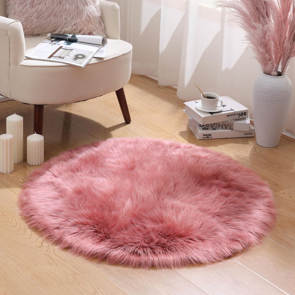 Ashler Faux Fur Rug, Fluffy Shaggy Area Rug Ultra Soft 3 x 3 Feet Sheepskin Fur, Blush Pink Fuzzy Rug Machine Washable Shag Rug, Nursery Decor Throw Rugs for Bedroom, Living Room, Kids Room