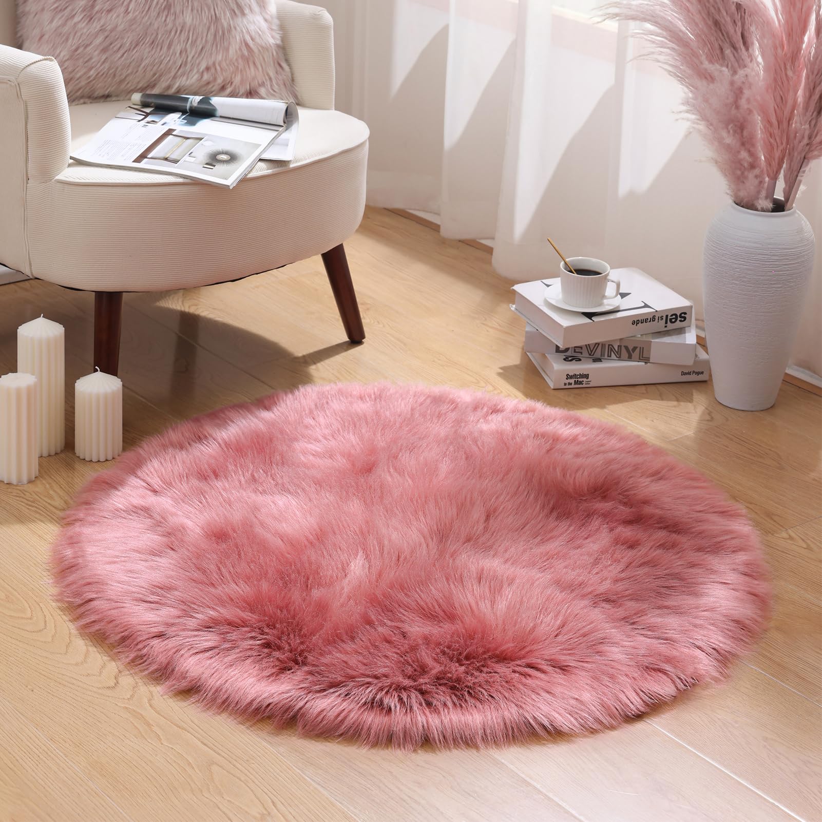Ashler Faux Fur Rug, Fluffy Shaggy Area Rug Ultra Soft 3 x 3 Feet Sheepskin Fur, Blush Pink Fuzzy Rug Machine Washable Shag Rug, Nursery Decor Throw Rugs for Bedroom, Living Room, Kids Room