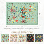 Rugflix 5x7 Washable Area Rug for Living Room, Soft Non Slip Low Pile Carpet, Floral Vintage Stain Resistant Rugs for Bedroom, Dining Room, Home Office, Green