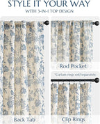 jinchan Lined Linen Floral Curtains for Living Room, 96 Inch Length Printed Flower Farmhouse Patterned French Country Back Tab Blue Window Drapes Set Privacy Bedroom Curtains, 2 Panels