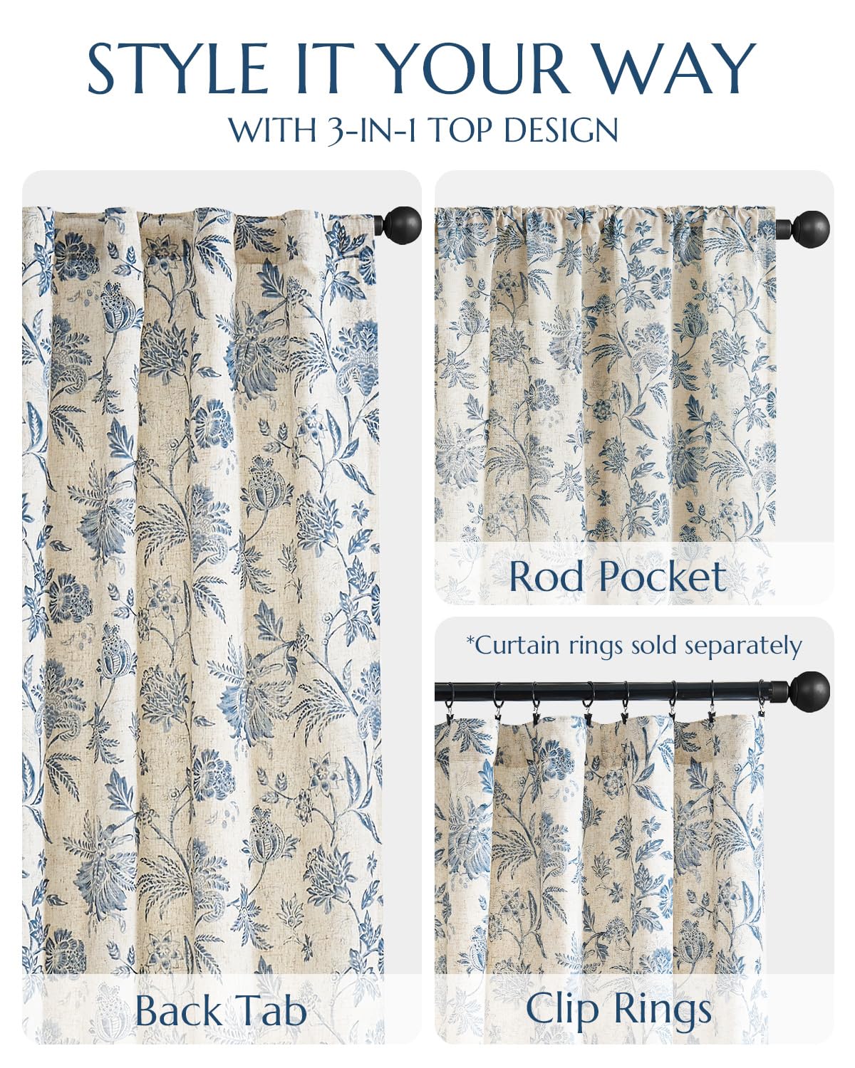 jinchan Lined Linen Floral Curtains for Living Room, 84 Inch Length Printed Flower Farmhouse Patterned French Country Back Tab Blue Window Drapes Set Privacy Bedroom Curtains, 2 Panels