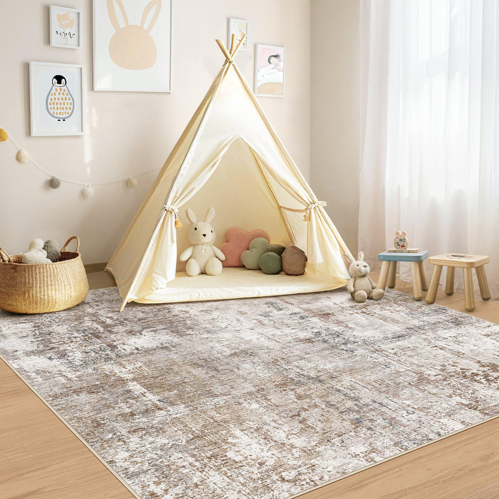 UERMEI Square Area Rugs: Washable 6x6 Neutral Modern Abstract Carpet for Living Room Bedroom - Soft Floor Mat with Non Slip Backing for Kitchen Nursery Dorms Farmhouse Home Decor - Brown/Grey/Red