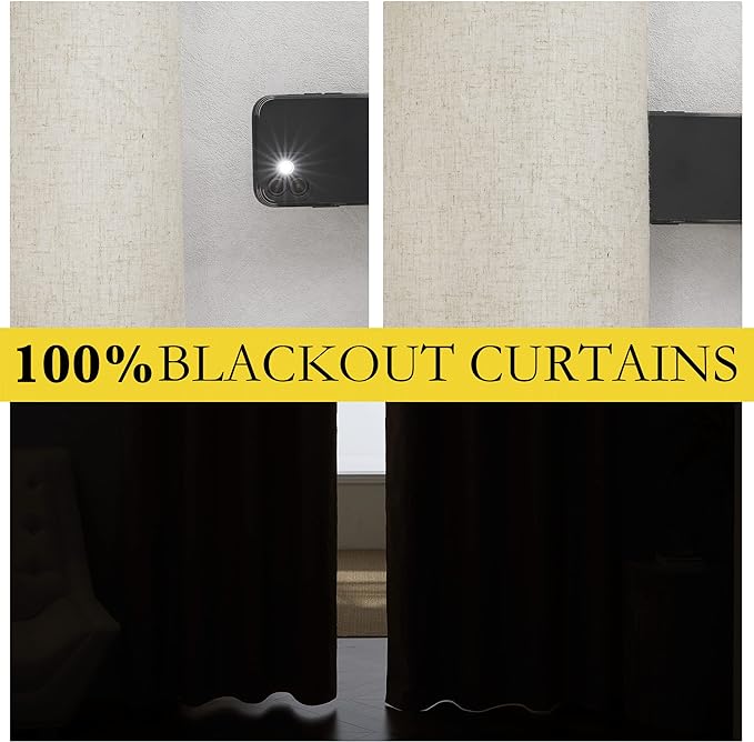 NICETOWN Natural Linen Complete Blackout Cold Reducing Curtains 48 inches for Kids Room, 2 Panels, Thermal Insulated & Noise Reducing Window Draperies with White Liner, Noise Reducing Short Drapes