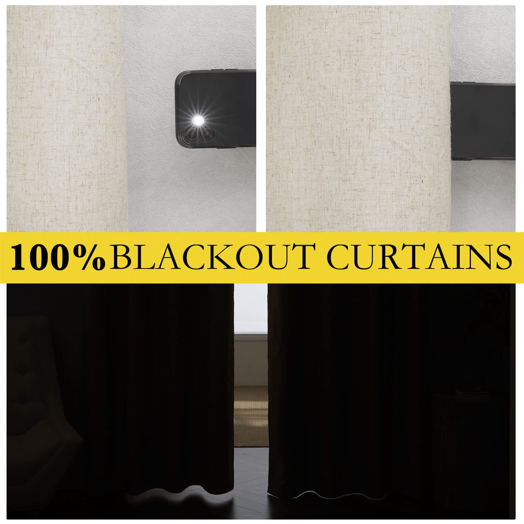 NICETOWN Natural Linen Complete Blackout Cold Reducing Curtains 48 inches for Kids Room, 2 Panels, Thermal Insulated & Noise Reducing Window Draperies with White Liner, Noise Reducing Short Drapes
