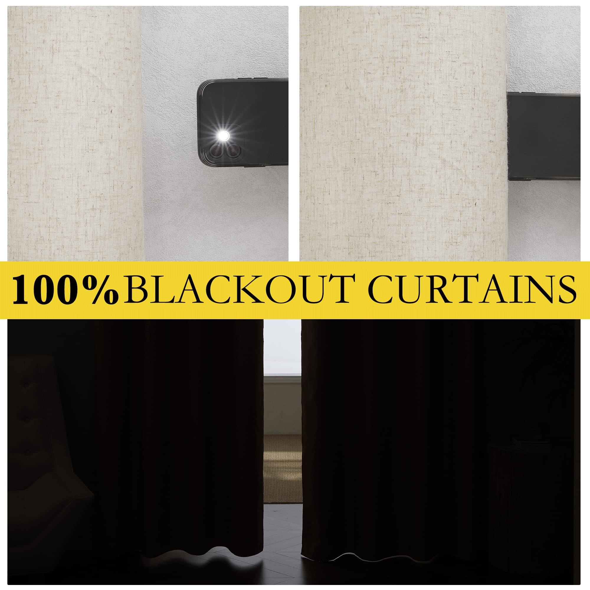 NICETOWN Natural Thick Linen Blend 100% Blackout Curtains 70" Long 2 Panels Set for Bedroom, 34" Wide, Rustic Grommet Thermal Insulated Flax Textured Full Blackout Window Draperies with White Liners