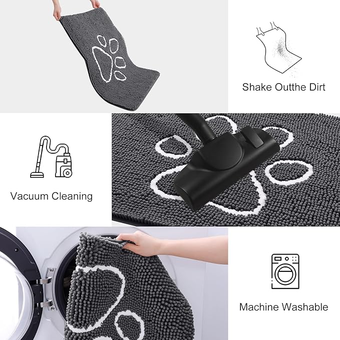 Smiry Dog Door Mat for Muddy Paws, Absorbent Dirt Trapper Non Slip Quick Dry Washable Chenille Mat for Mud Dogs, Entry Rug for Indoor and Outdoor (59x32 Inches, Dark Grey and White)