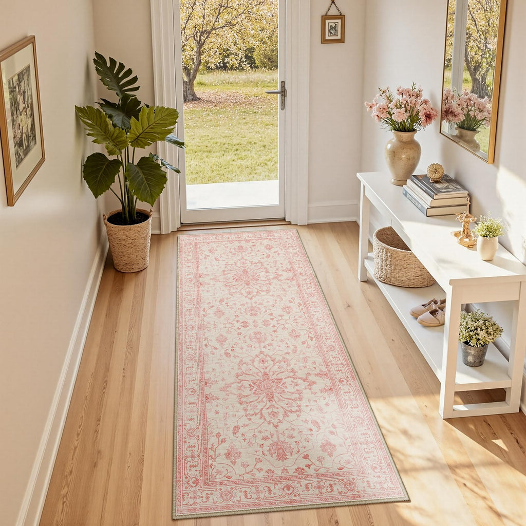 RELEANY Washable Area Rug, Runner 2'x6', Pink/Light Vintage Pink