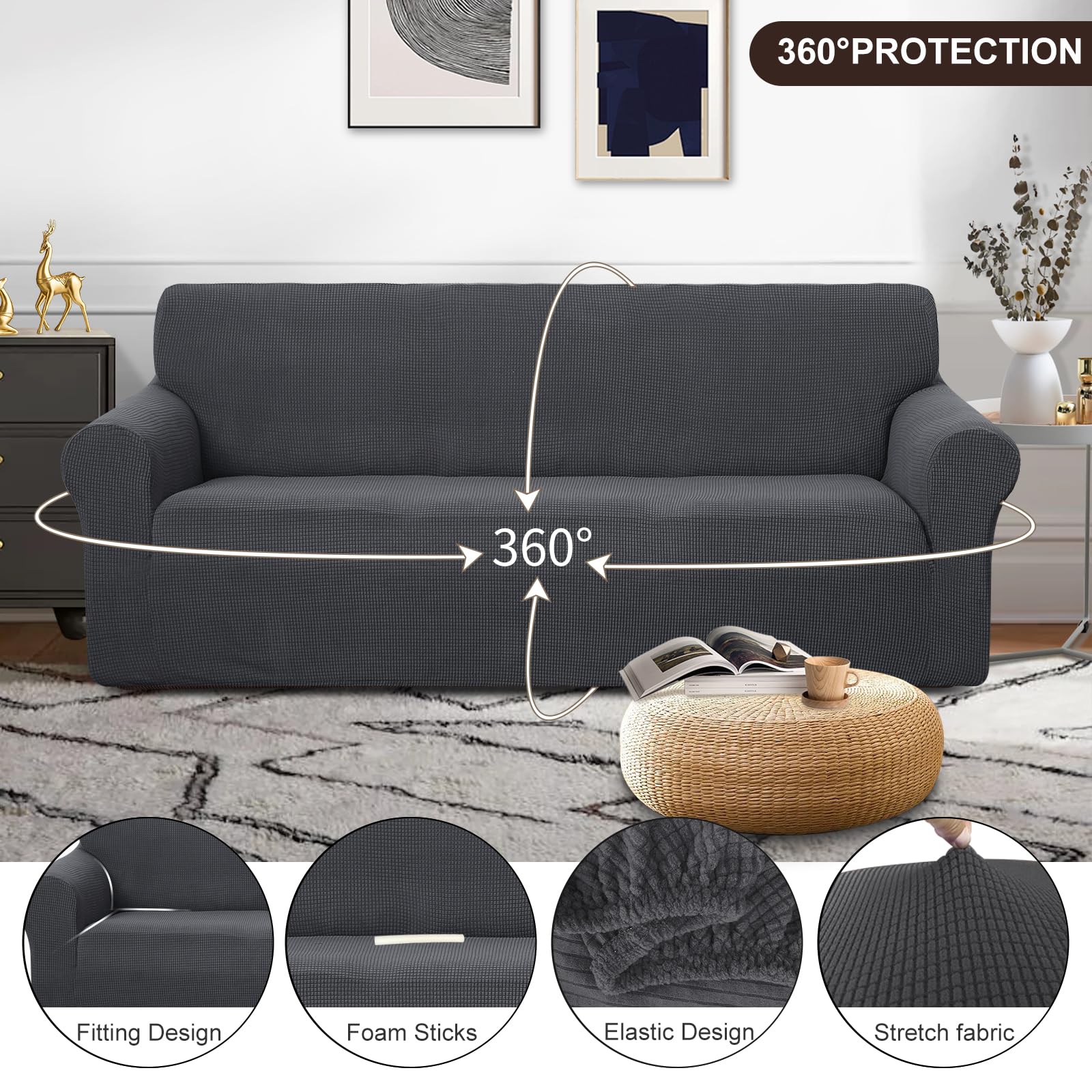 U-NICE HOME Oversized Stretch Couch Cover Slipcover, Dark Grey