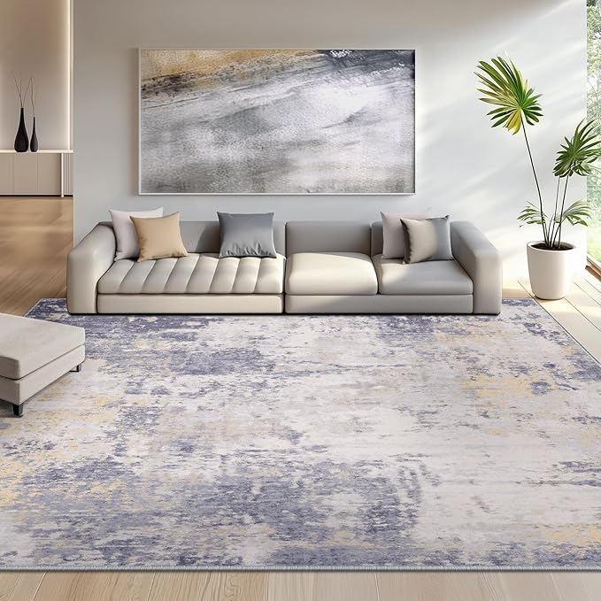 Washable Area Rugs 6'x9' Non-Slip Modern Abstract Soft for Living Room Entryway Bedroom Nursery, Print Pattern, Purple Grey Cream Yellow